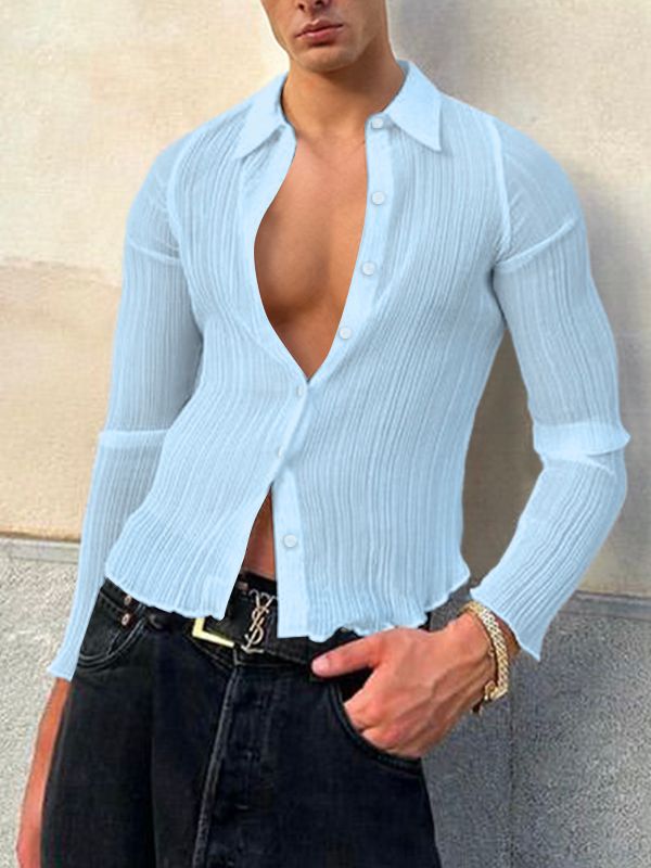 Men's Wrinkled Textured Sheer Long Sleeve Shirt SKUL41763