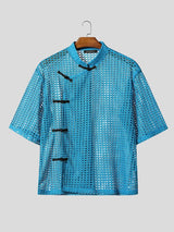 Men's Asymmetric Frog Button Hollow Out Short Sleeve Shirt SKUL56298