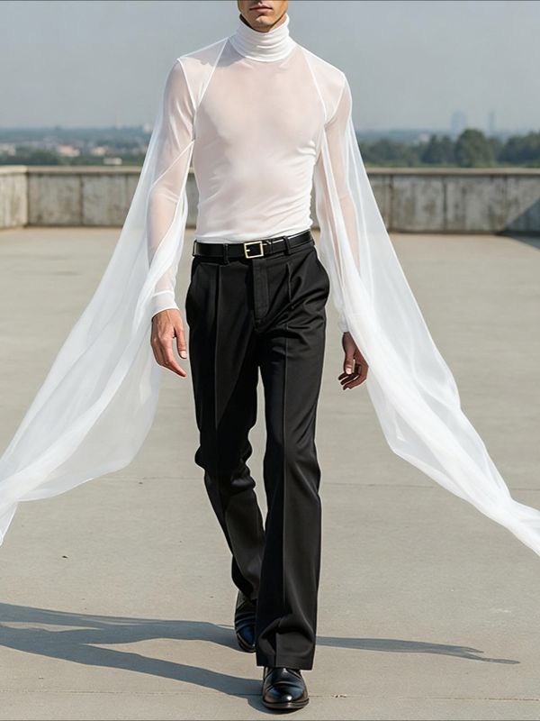 Men's Deconstructed Sheer Mesh Flap Long Sleeve T-Shirt SKUL37628