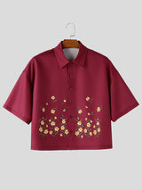 Men's Japanese Casual Boxy Cropped Floral Print Short Sleeve Shirt SKUL74583