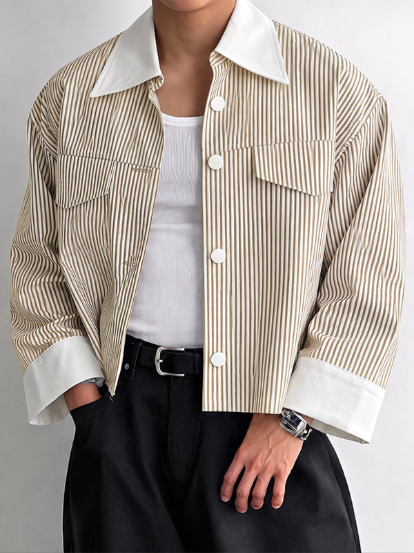 [Pre-order] Men's Retro Minimalist City Walk Contrast Collar Striped Flap Pocket Cropped Shirt SKUL88424