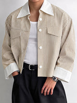 [Pre-order] Men's Retro Minimalist City Walk Contrast Collar Striped Flap Pocket Cropped Shirt SKUL88424