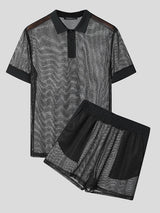 Mens Hollow Mesh Short-Sleeve Two Pieces Outfit SKUL04244