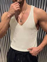 Men's Y2K High-Street Open-Knit Deep V-Neck Fitted Tank SKUL78002