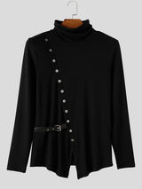 Men's Avant-Garde Diagonal Metal Grommet Buckled Belt Split Hem Long Sleeve Turtleneck T-shirt SKUL81136