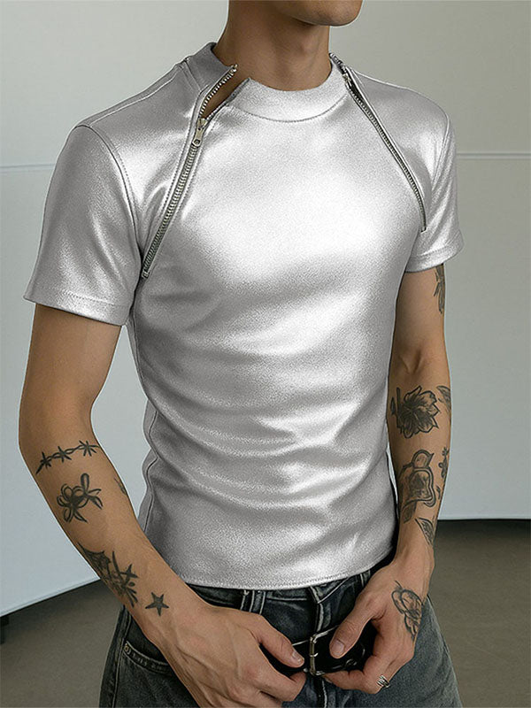 Mens Glitter Zipper Short Sleeve T-Shirt SKUL17041