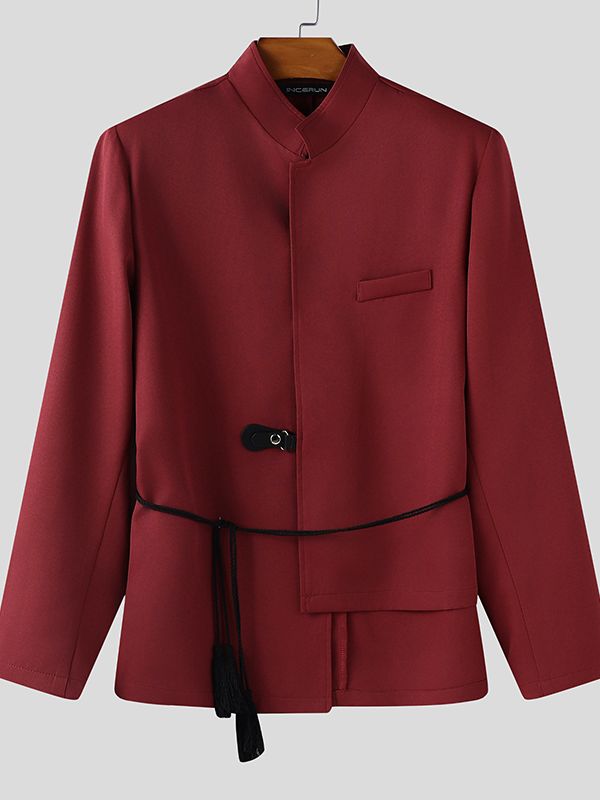 Men's Irregular Design Leather Buckle Stand Collar Blazer SKUL37298