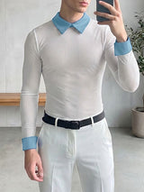 Men's Avant-Garde Sheer Mesh Contrast Collar Long Sleeve Shirt SKUL77323