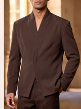 Men's Zen Minimalist Tea Gathering Overlap V-Neck Shawl Collar Buttonless Blazer SKUL85966