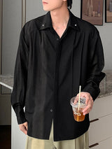 Men's Early Autumn Urban Casual Front Pleat Loose Fit Long Sleeve Turn-Down Collar Shirt SKUL78144