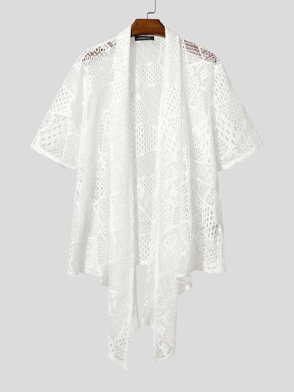 Men's Summer Beach Sheer Crochet Lace Open Front Kimono Cardigan SKUL69702