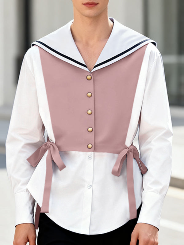 Men's Contrast Color Sailor Collar Long Sleeve Shirt SKUL46106