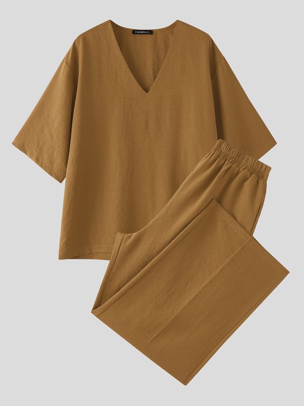 Men's Minimalist Solid Color V Neck Two Pieces Outfit SKUL53964