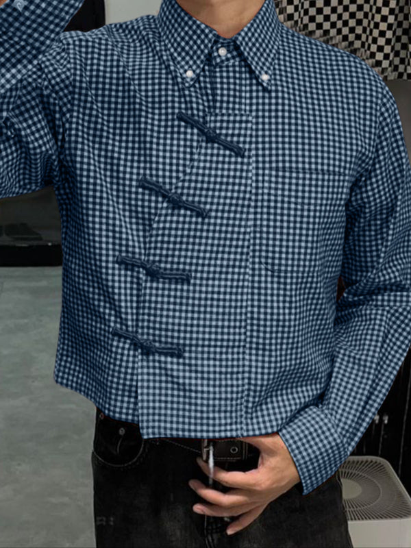 Men's Plaid Chinese Knot Long Sleeve Shirt SKUL50075