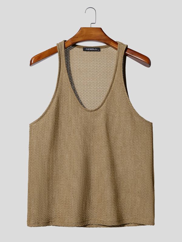 Men's Y2K High-Street Open-Knit Deep V-Neck Fitted Tank SKUL78002