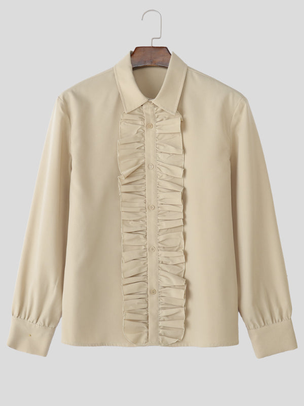 Mens Solid Color Ruffle Collar Long Sleeve Shirt SKUL27250