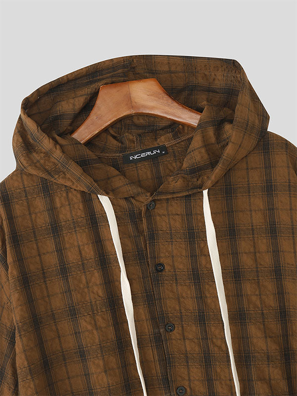 Mens Plaid Hooded Short Sleeve Shirt SKUL21113