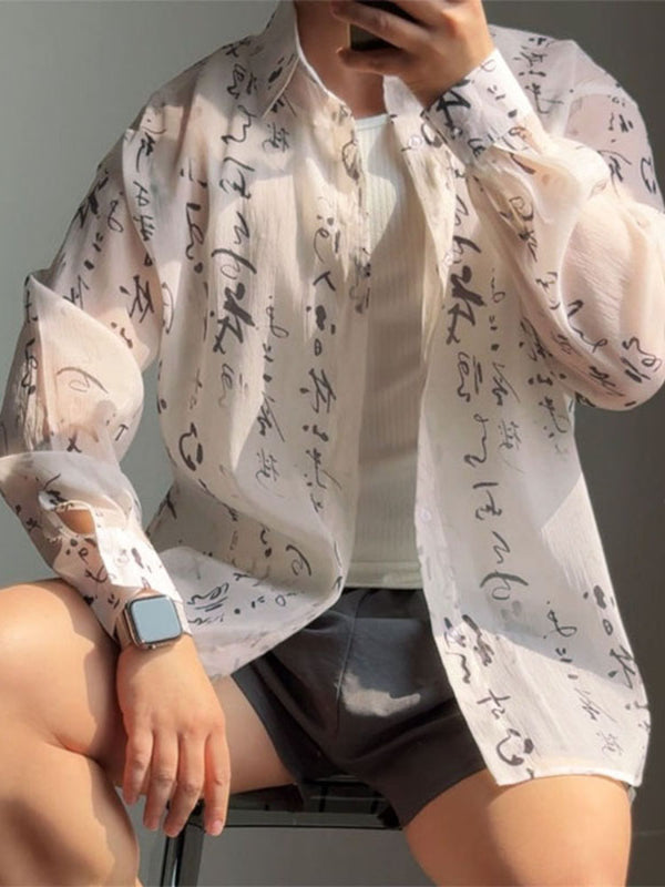Men's Chinese Character Print Sheer Mesh Long Sleeve Shirt SKUL23478