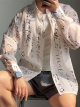 Men's Chinese Character Print Sheer Mesh Long Sleeve Shirt SKUL23478