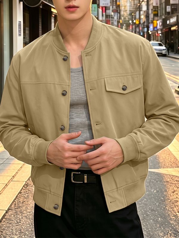 Men's Modern Urban Ribbed Collar Single Pocket Bomber Jacket SKUL79619