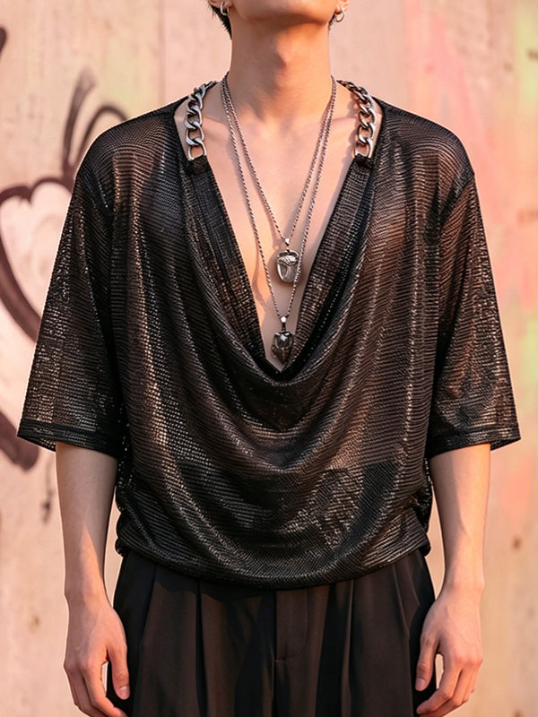 Men's Y2K Liquid Metal Avant-Garde Drape Cowl Neck T-shirt SKUL70453
