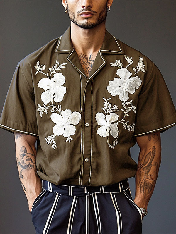 Mens Floral Print Cuban Collar Short Sleeve Shirt SKUL16858