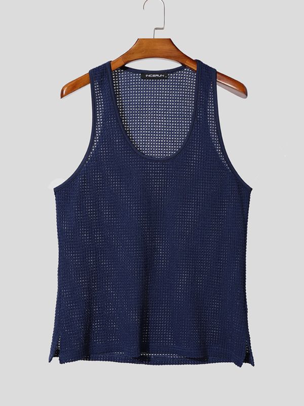 Men's Sexy Gym See-Through Fishnet Mesh Muscle Slim Sleeveless Scoop Neck Tank SKUL76004