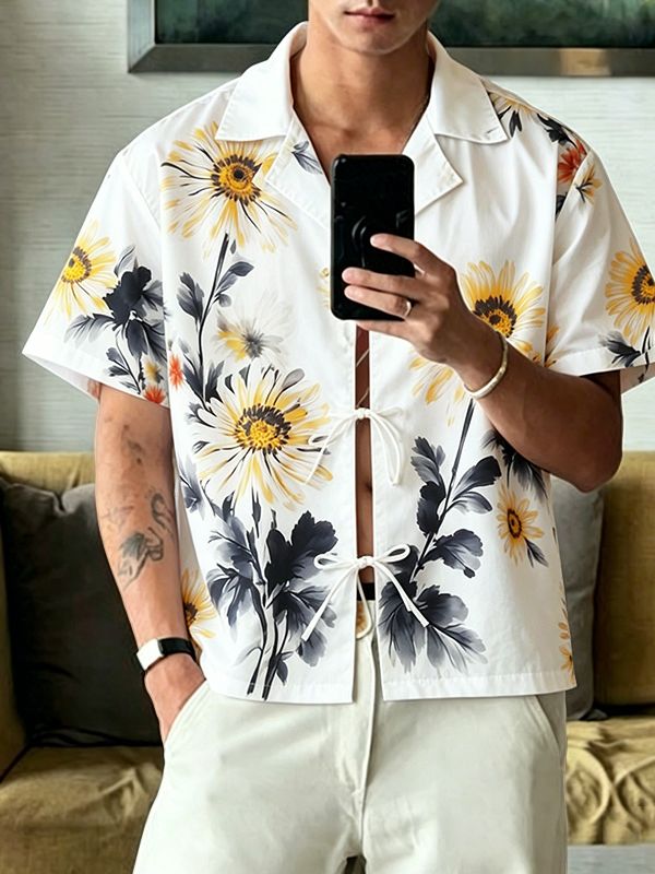 Men's Summer Hawaiian Sunflower Print Cuban Collar Open Front Tie Knot Short Sleeve Shirt SKUL58684