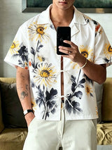 Men's Summer Hawaiian Sunflower Print Cuban Collar Open Front Tie Knot Short Sleeve Shirt SKUL58684