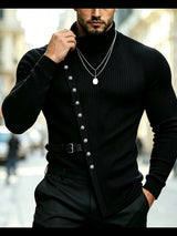Men's Avant-Garde Diagonal Metal Grommet Buckled Belt Split Hem Long Sleeve Turtleneck T-shirt SKUL81136