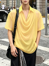 Men's Avant-Garde Draped Cowl Neck Sheer Mesh Shirt SKUL61025