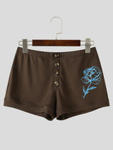 Men's Y2K Gender-Fluid Ribbed Knit Button-Fly Rose Graphic Booty Short SKUL78013