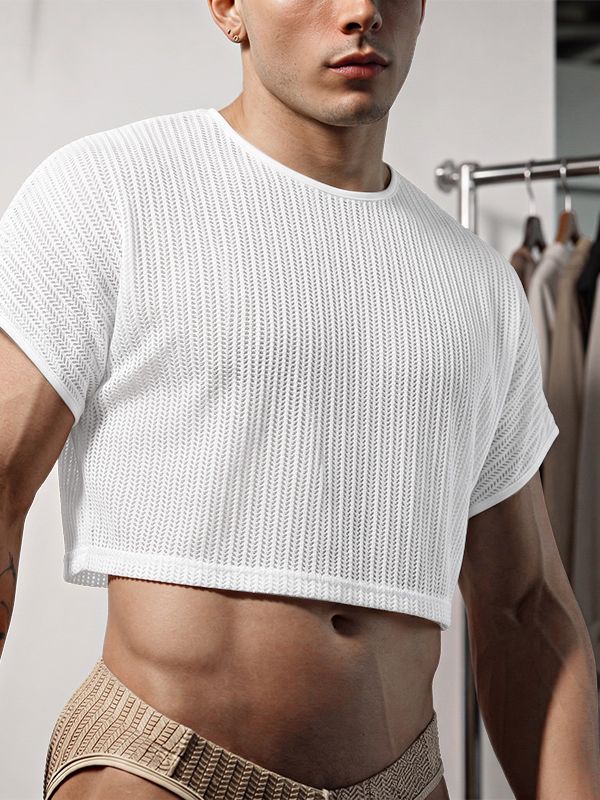 Men's Clubwear Sheer Chevron Mesh Ultra-Cropped T-shirt SKUL68393