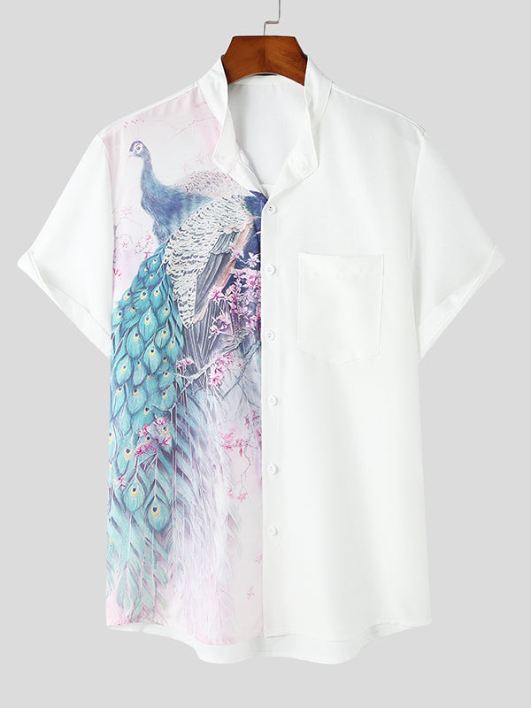 Mens Floral Bird Print Patchwork Shirt SKUK23609