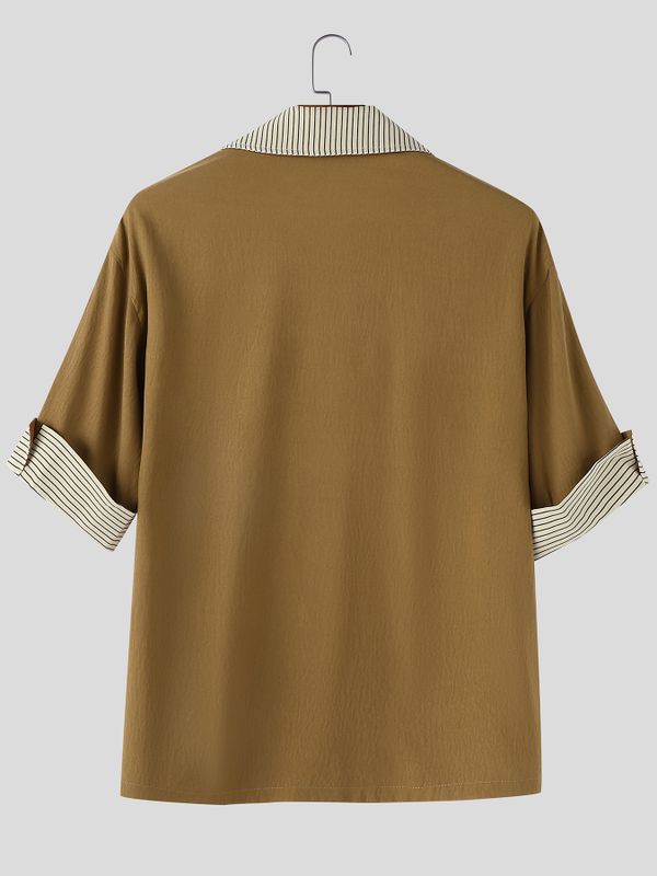 Men's Modern City Boy Relaxed Faux-Layered Asymmetrical Pinstripe Patchwork Shirt SKUL60214