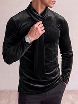 Men's Avant-Garde Early Autumn Velour Built-in Scarf Muscle Slim Long Sleeve Tie Neck T-shirt SKUL81739