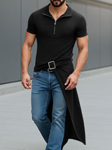 Mens Solid Color Long Hem Zipper Short Sleeve Shirt SKUL25990