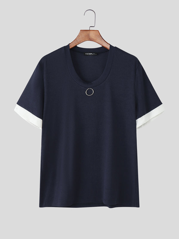 Men's Metal Ring Decor Crew Neck Short Sleeve T-Shirt SKUL25107