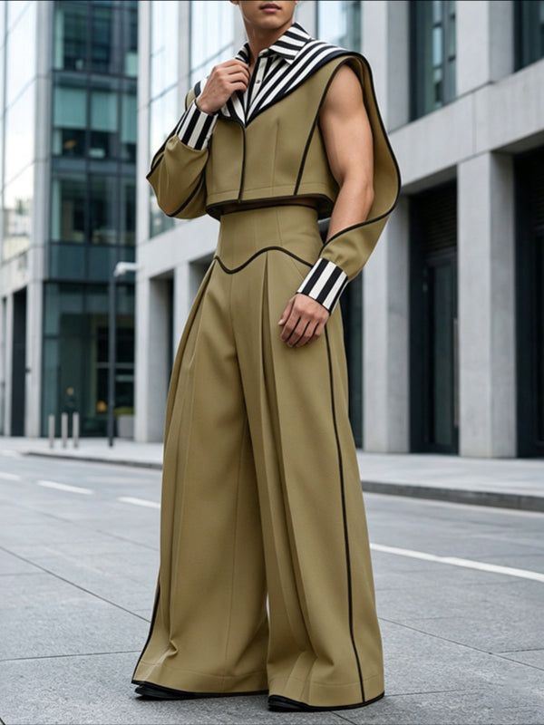 Men's Avant-Garde Architectural Split-Sleeve Cropped Two Pieces Outfit SKUL78019