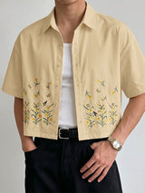 Men's Japanese Casual Boxy Cropped Floral Print Short Sleeve Shirt SKUL74583