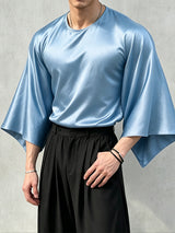 Men's Romantic Avant-Garde High-Shine Satin Kimono-Sleeve Flowy T-shirt SKUL80552