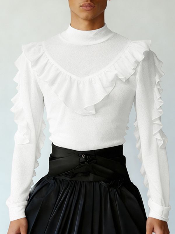 Men's Solid Color Ruffle Bib Long Sleeve T-shirt SKUL46244