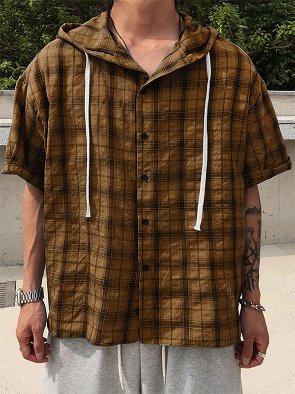 Mens Plaid Hooded Short Sleeve Shirt SKUL21113