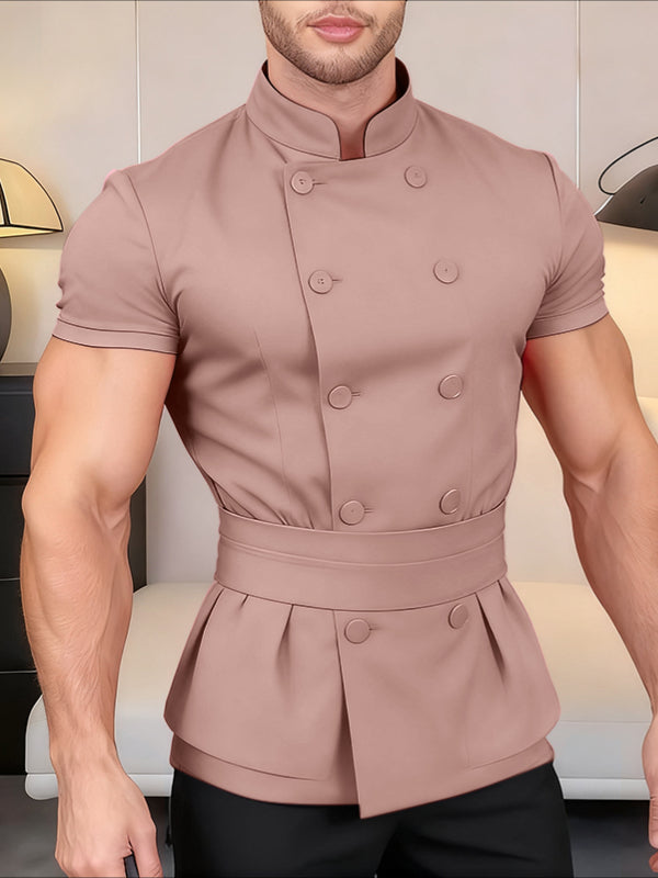 Men's Solid Waist Stand Collar Short Sleeve Shirt SKUL38952