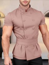 Men's Solid Waist Stand Collar Short Sleeve Shirt SKUL38952