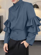 Men's Solid Drape Ruffled Patchwork Long Sleeve Shirt SKUL38916