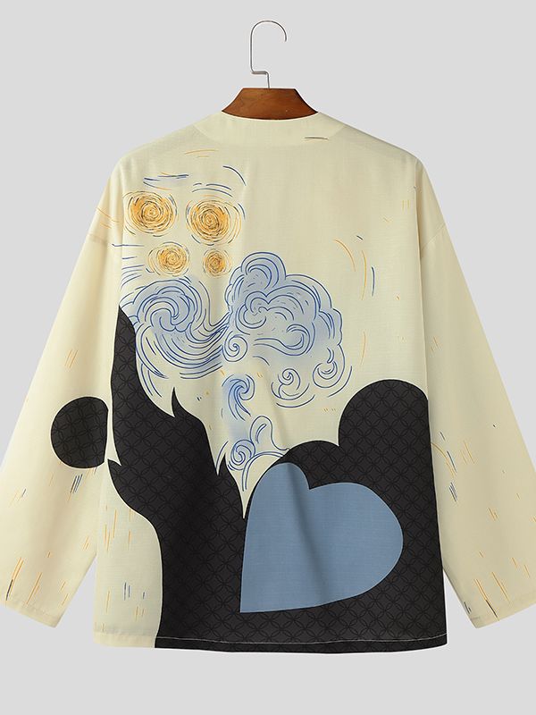 Men's Color Block Print Collarless Long Sleeve Cardigan SKUL34995