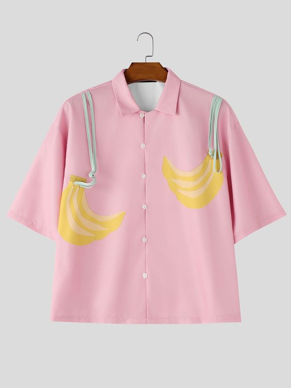 Men's High-Street Playful Banana Print Cuban Collar Short Sleeve Shirt SKUL66051