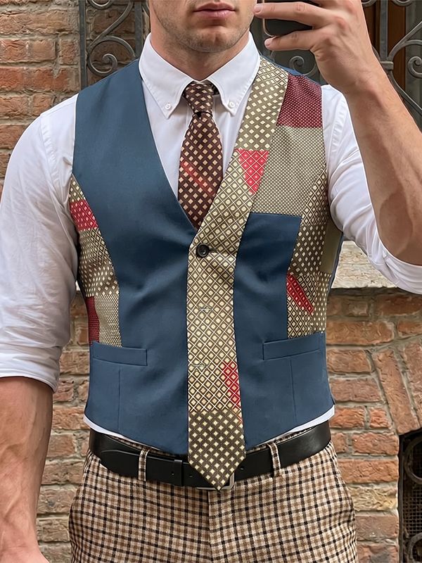 Men's Vintage Patchwork Faux-Tie Tailored Suit Waistcoat SKUL66931