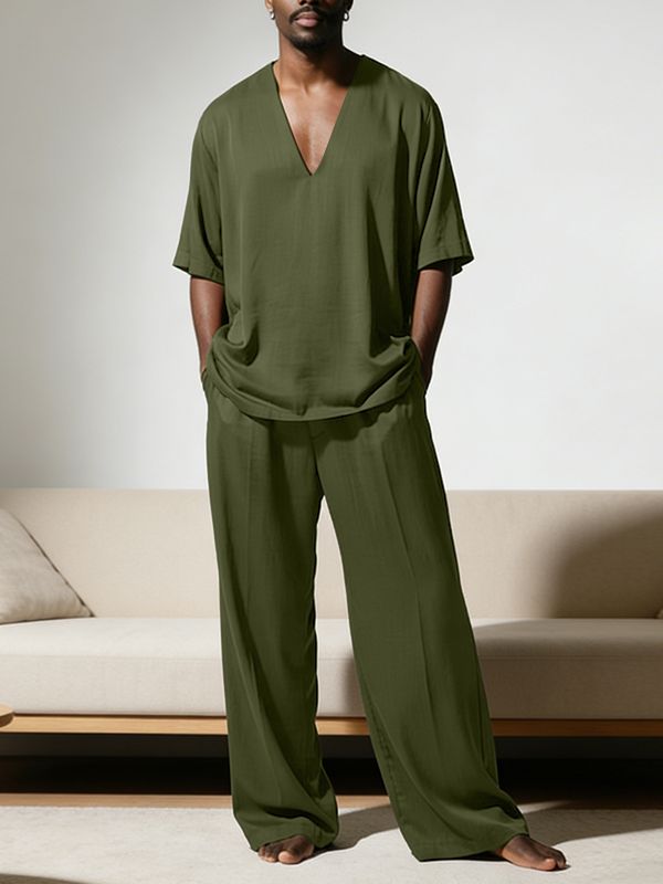 Men's Minimalist Solid Color V Neck Two Pieces Outfit SKUL53964